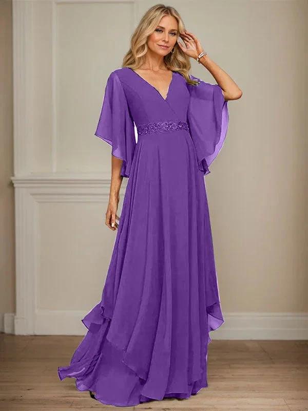 A-line V-Neck Floor-Length Chiffon Mother of the Bride Dress With Sequins Appliques Lace Beading by Dreamylily