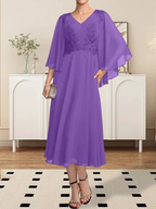 A-line V-Neck Tea-Length Chiffon Lace Mother of the Bride Dress With Beading Sequins by Dreamylily