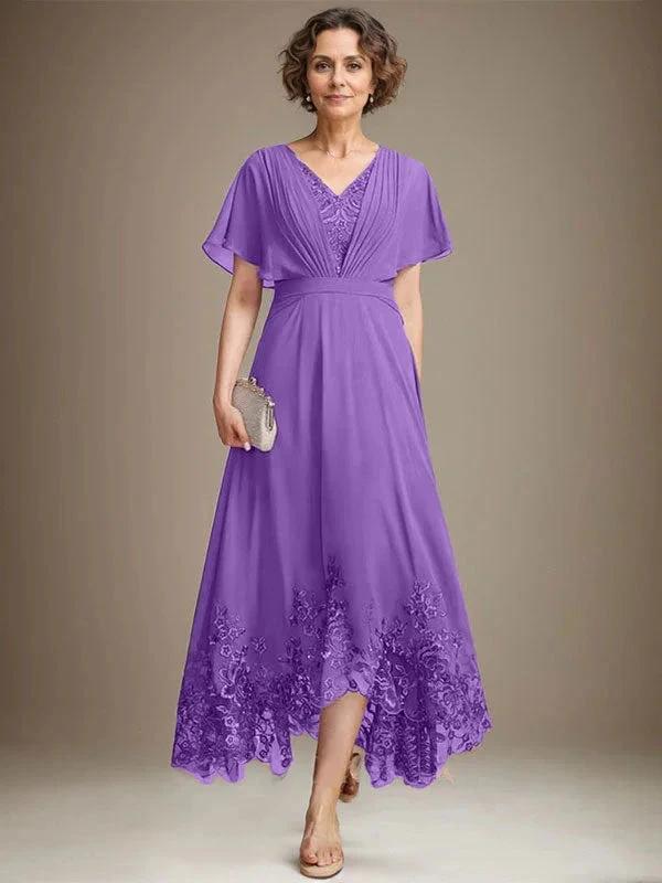 A-line V-Neck Asymmetrical Lace Chiffon Mother of the Bride Dress With Pleated by Dreamylily
