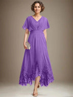 A-line V-Neck Asymmetrical Lace Chiffon Mother of the Bride Dress With Pleated by Dreamylily