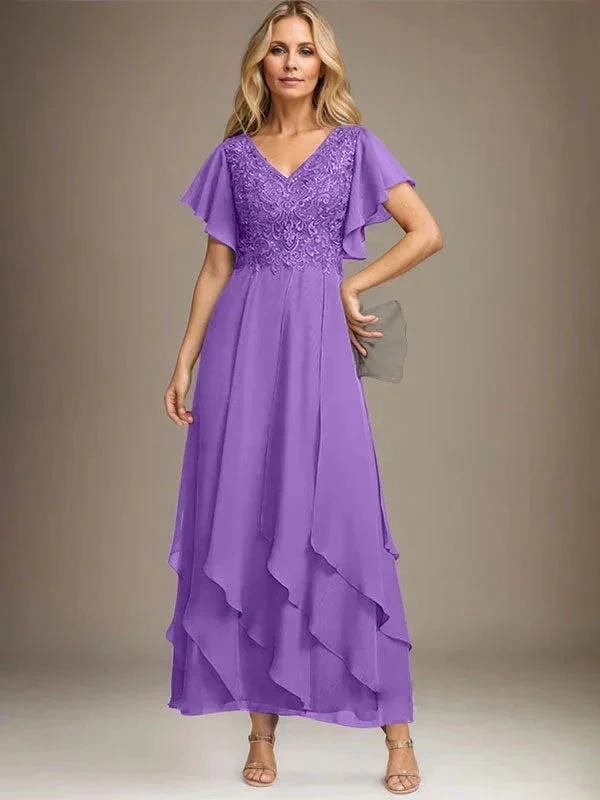 A-line V-Neck Ankle-Length Lace Chiffon Mother of the Bride Dress With Cascading Ruffles by Dreamylily