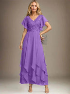 A-line V-Neck Ankle-Length Lace Chiffon Mother of the Bride Dress With Cascading Ruffles by Dreamylily