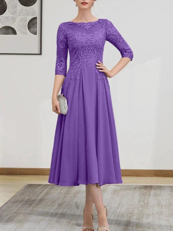 A-line Scoop Illusion Tea-Length Chiffon Lace Mother of the Bride Dress With Beading Sequins by Dreamylily