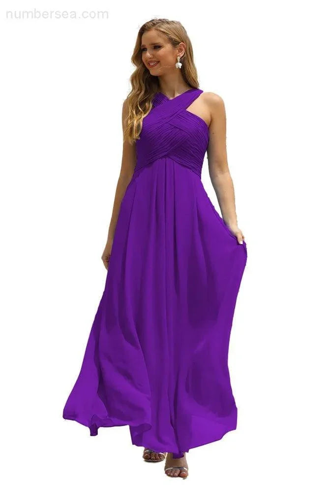 Vestido de dama de honor de gasa con cuello halter para mujer de Numbersea, corte A, largo, formal, para fiesta de graduación, SEA28015 