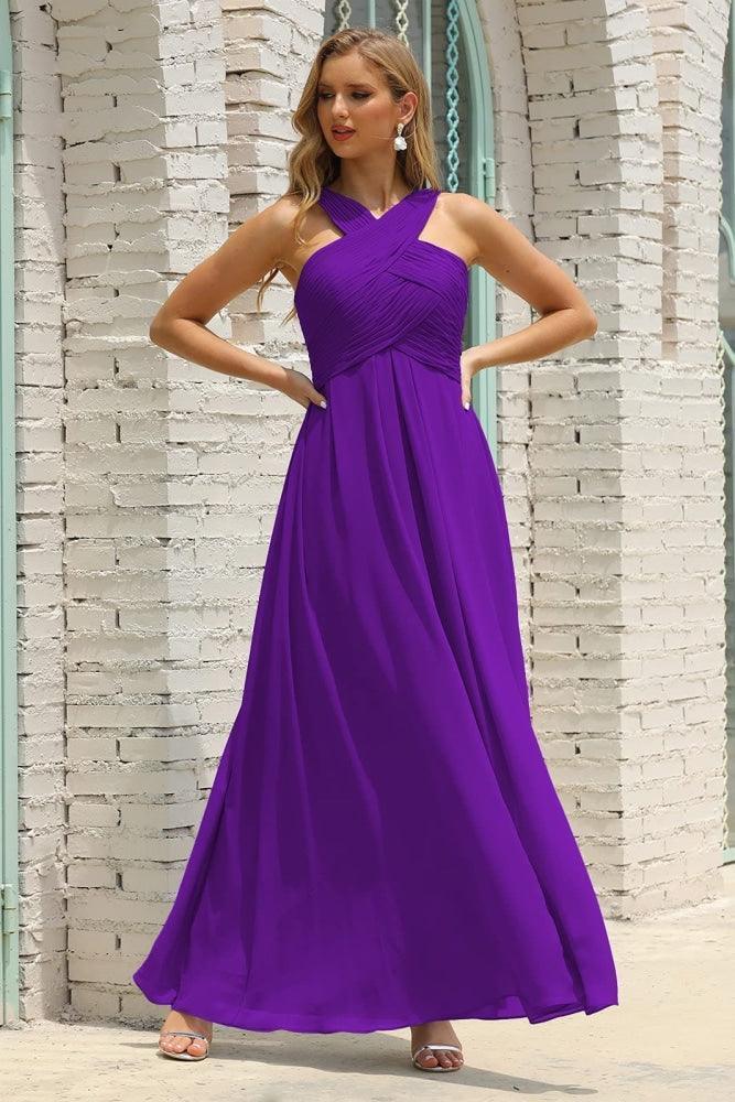Robe de demoiselle d'honneur longue en mousseline à col licou pour femme Numbersea, coupe en A, robe de bal formelle SEA28015