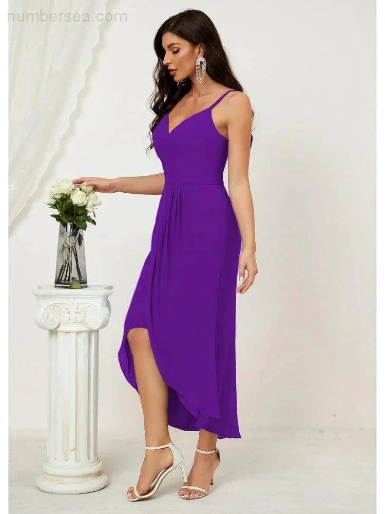 Numbersea Spaghetti Chiffon V Neck Bridesmaid Dress Mid-Length Slit Formal Prom Dress Homecoming Dress 2803 by numbersea