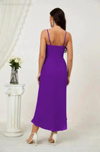 Numbersea Spaghetti Chiffon V Neck Bridesmaid Dress Mid-Length Slit Formal Prom Dress Homecoming Dress 2803 by numbersea