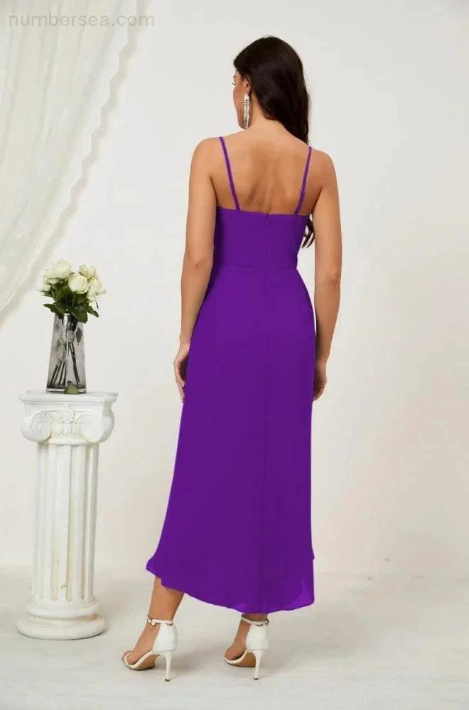 Numbersea Spaghetti Chiffon V Neck Bridesmaid Dress Mid-Length Slit Formal Prom Dress Homecoming Dress 2803 by numbersea