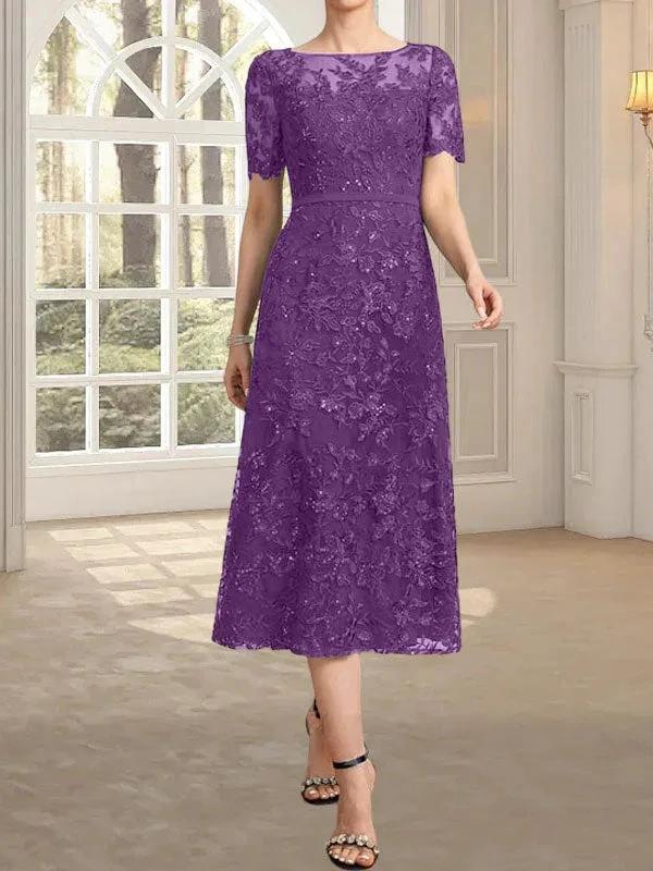 A-line Scoop Illusion Tea-Length Lace Mother of the Bride Dress With Sequins by Dreamylily