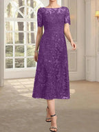 A-line Scoop Illusion Tea-Length Lace Mother of the Bride Dress With Sequins by Dreamylily