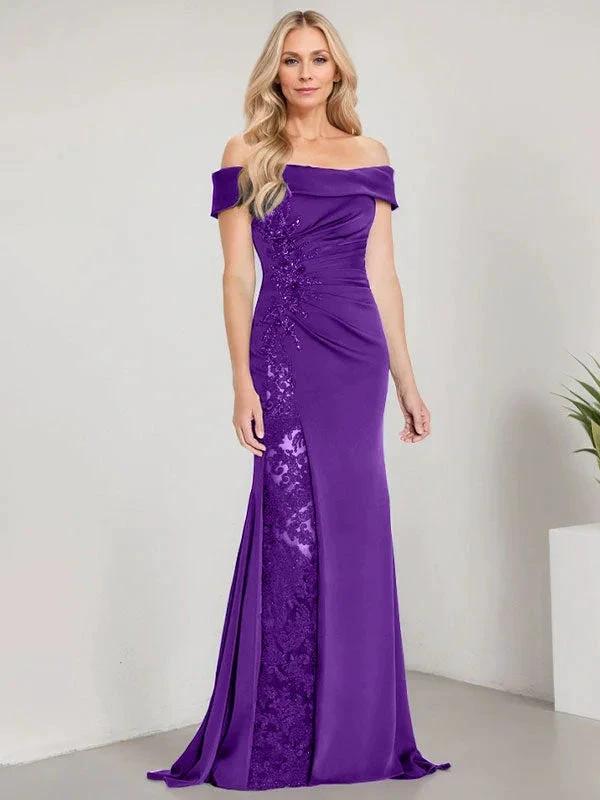 A-Line Off the Shoulder Floor-Length Mother of the Bride Dress Applique Beadings Mermaid Dress With High Split by Dreamylily