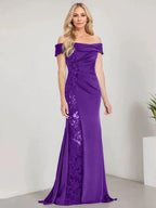 A-Line Off the Shoulder Floor-Length Mother of the Bride Dress Applique Beadings Mermaid Dress With High Split by Dreamylily