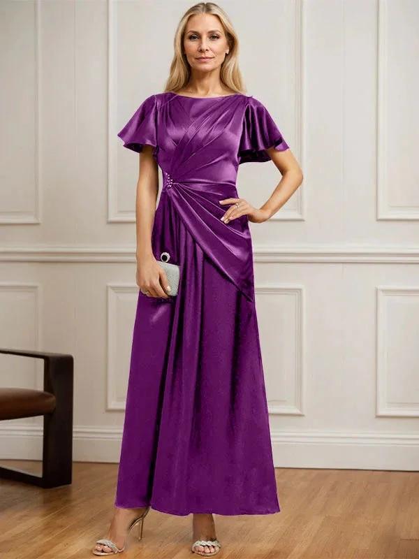 A-line Scoop Ankle-Length Stretch Satin Mother of the Bride Dress With Pleated Beading by Dreamylily