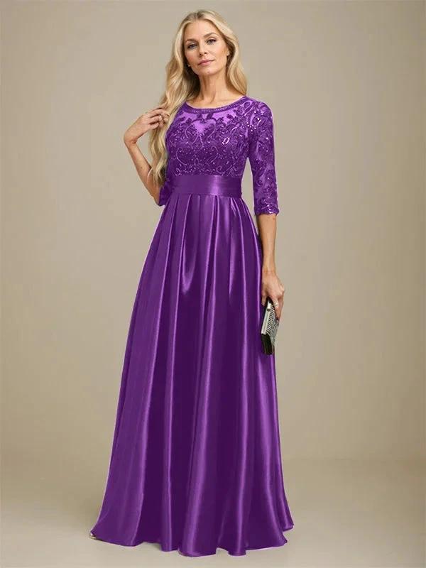 A-line Scoop Illusion Floor-Length Stretch Satin Lace Mother of the Bride Dress With Bow Sequins by Dreamylily