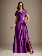 A-Line Scoop Floor-Length Stretch Satin Mother of the Bride Dress With Cascading Ruffles by Dreamylily