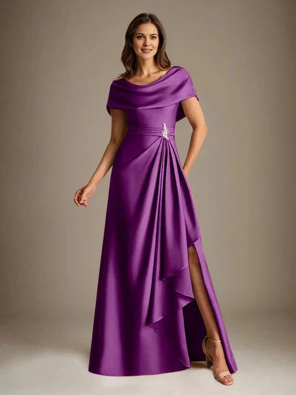 A-Line Scoop Floor-Length Stretch Satin Mother of the Bride Dress With Cascading Ruffles by Dreamylily