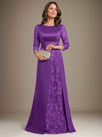 A-Linie U-Ausschnitt Bodenlang Spitze Satin Kleid für die Brautmutter mit Applikation 