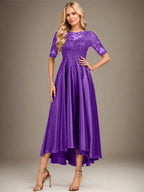 A-line Scoop Illusion Asymmetrical Stretch Satin Lace Mother of the Bride Dress With Sequins by Dreamylily