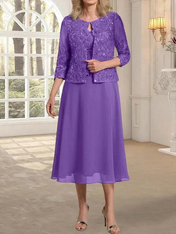 A-line Scoop Tea-Length Lace Chiffon Mother of the Bride Dress With Sequins by Dreamylily