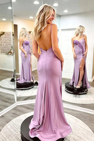 Vestido de fiesta largo color lavanda con tirantes finos y flores (PSK554)