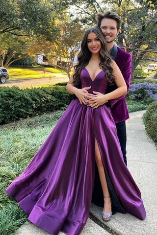 Lila Satin A-Linie Rückenfreies Langes Ballkleid mit Schlitz PSK521