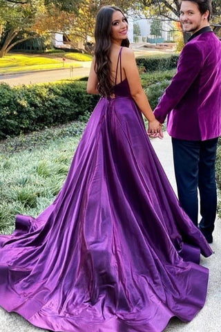 Lila Satin A-Linie Rückenfreies Langes Ballkleid mit Schlitz PSK521