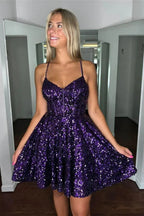 Spaghetti Strap Homecoming Dress Short Purple Prom Dress SYH95 by vivymakudress