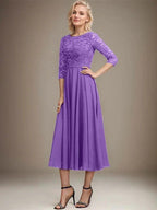 A-line Scoop Tea-Length Lace Chiffon Mother of the Bride Dress With Sequins by Dreamylily