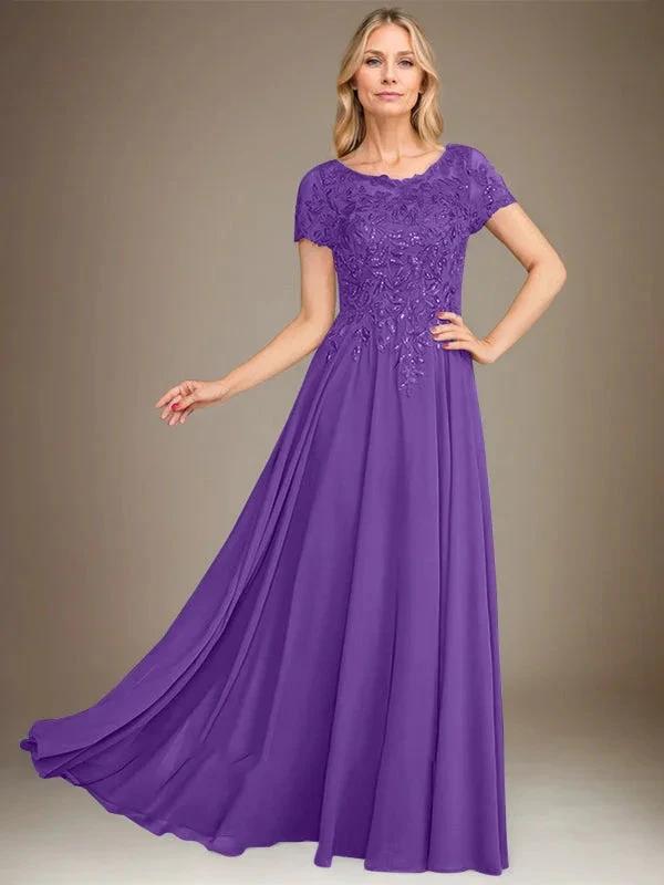 A-Line Scoop Floor-Length Chiffon Mother of the Bride Dress With Applique & Sequins by Dreamylily