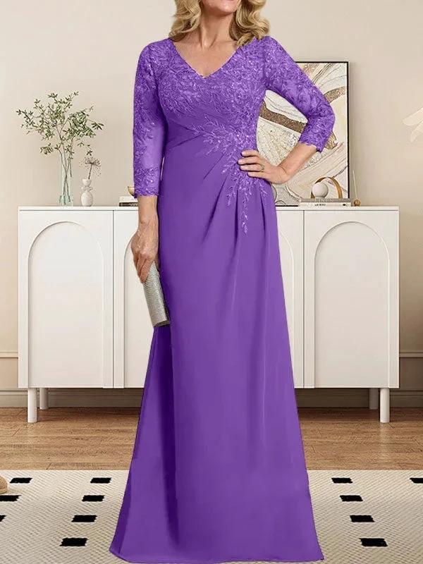 Sheath/Column V-Neck Illusion Floor-Length Lace Chiffon Mother of the Bride Dress With Pleated Sequins by Dreamylily