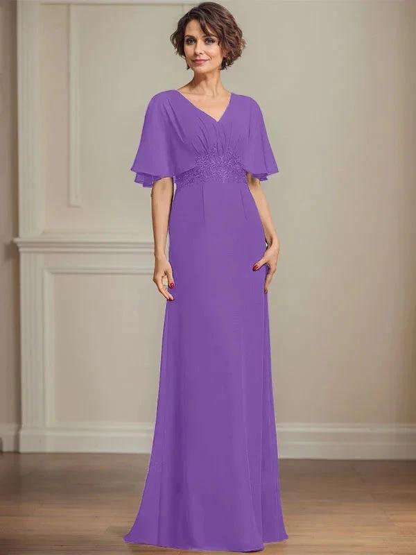 A-line V-Neck Floor-Length Chiffon Mother of the Bride Dress With Pleated Sequins Appliques Lace by Dreamylily