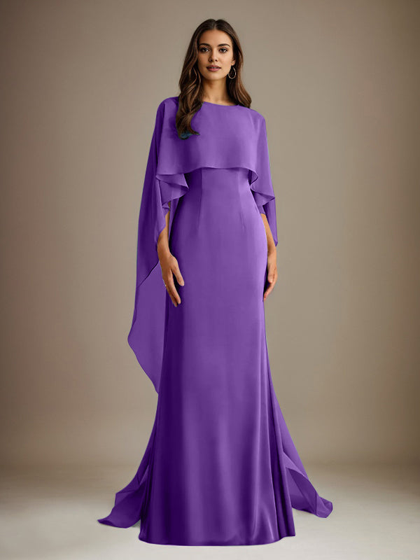 Sheath/Column Boatneck Floor-Length Chiffon Mother of the Bride Dress With Cascading Ruffles
