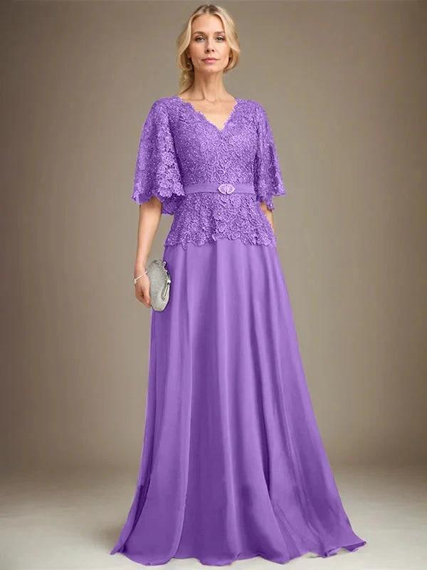 A-line V-Neck Floor-Length Chiffon Lace Mother of the Bride Dress With Crystal Brooch Rhinestone by Dreamylily