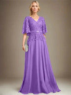 A-line V-Neck Floor-Length Chiffon Lace Mother of the Bride Dress With Crystal Brooch Rhinestone by Dreamylily