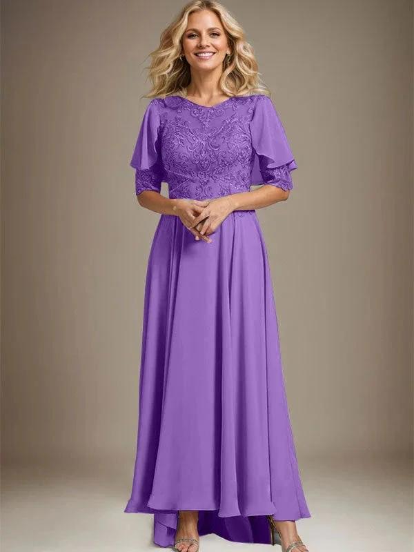 A-line Scoop Illusion Asymmetrical Chiffon Lace Mother of the Bride Dress With Beading by Dreamylily
