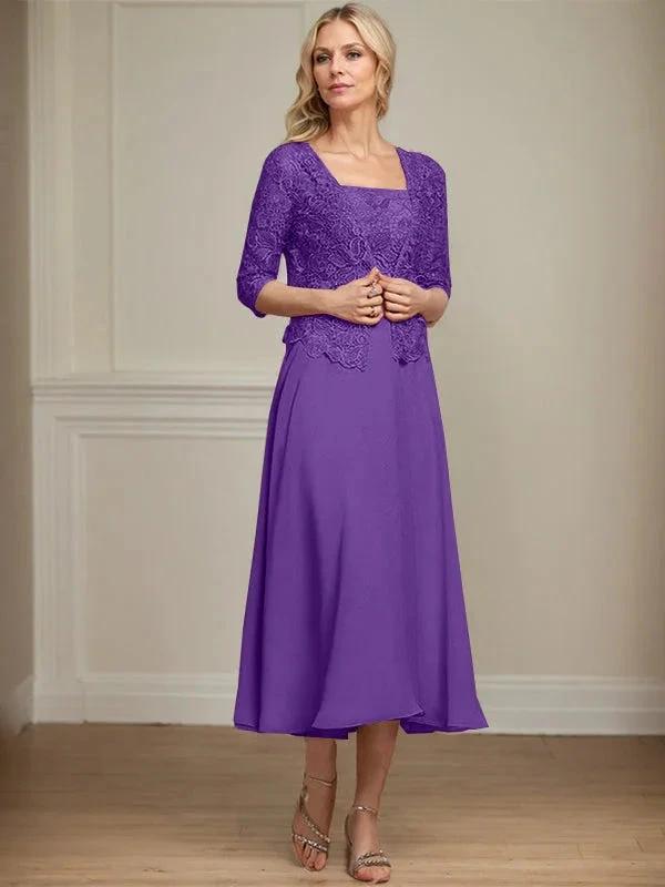 A-line Square Tea-Length Chiffon Lace Mother of the Bride Dress With Sequins Beading by Dreamylily