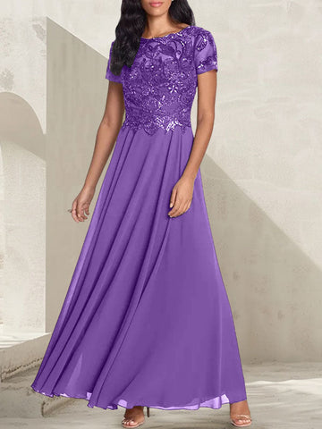 Vestido largo de madre de la novia con escote redondo, corte A, color gris carbón y cuentas
