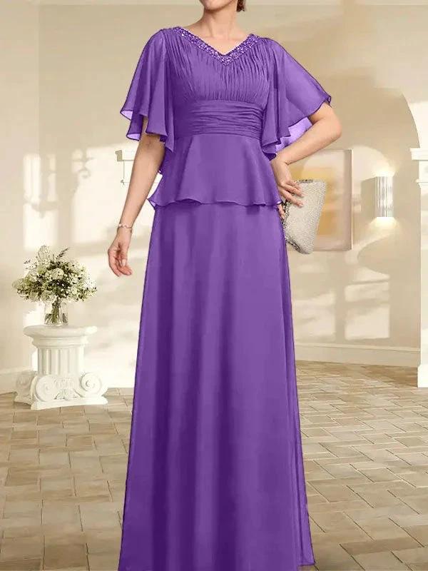 A-line V-Neck Floor-Length Chiffon Mother of the Bride Dress With Pleated Beading by Dreamylily