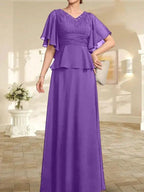 A-line V-Neck Floor-Length Chiffon Mother of the Bride Dress With Pleated Beading by Dreamylily