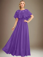 A-line Boat Neck Floor-Length Lace Chiffon Mother of the Bride Dress With Applique Sequins by Dreamylily