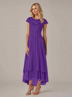 A-line Boat Neck Illusion Asymmetrical Chiffon Lace Mother of the Bride Dress With Applique Pleats by Dreamylily