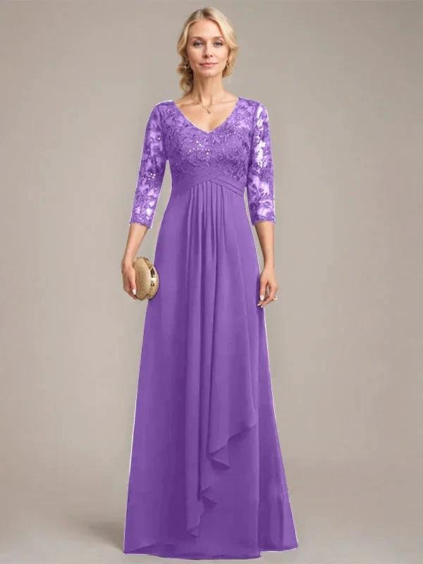 A-line V-Neck Floor-Length Lace Chiffon Mother of the Bride Dress With Cascading Ruffles Sequins by Dreamylily