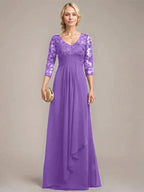 A-line V-Neck Floor-Length Lace Chiffon Mother of the Bride Dress With Cascading Ruffles Sequins by Dreamylily