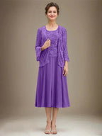 A-line Scoop Tea-Length Lace Chiffon Mother of the Bride Dress With Sequins by Dreamylily