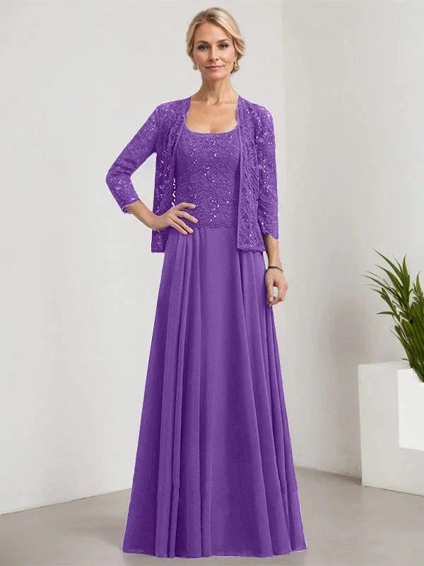 A-line Square Floor-Length Lace Chiffon Mother of the Bride Dress With Sequins by Dreamylily