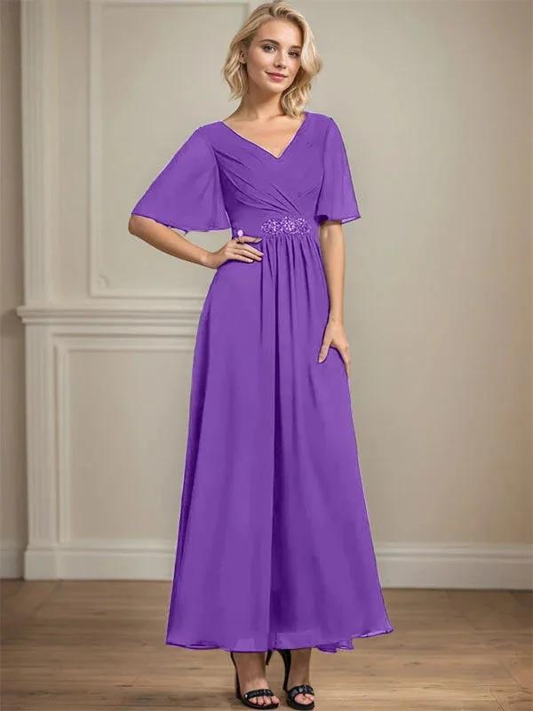 A-line V-Neck Ankle-Length Chiffon Mother of the Bride Dress With Pleated Beading Sequins by Dreamylily