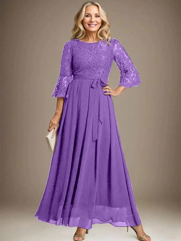 A-line Scoop Ankle-Length Lace Chiffon Mother of the Bride Dress With Bow by Dreamylily