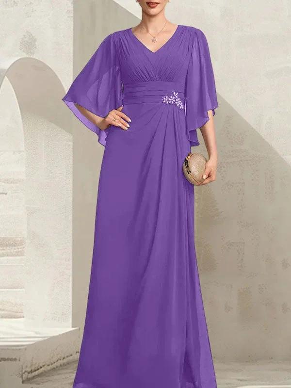Sheath/Column V-Neck Floor-Length Chiffon Mother of the Bride Dress With Pleated Sequins Beading by Dreamylily
