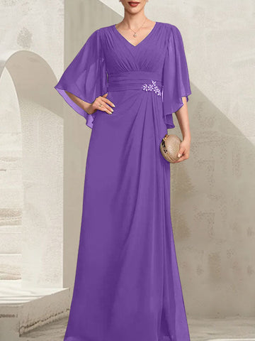 Vestido de gasa para madre de la novia, con escote en V, largo hasta el suelo, con lentejuelas plisadas y abalorios