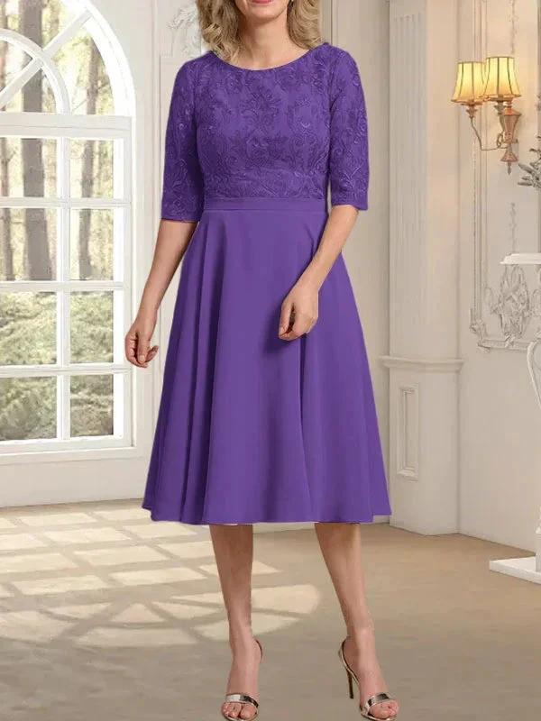 A-line Scoop Knee-Length Lace Chiffon Mother of the Bride Dress by Dreamylily